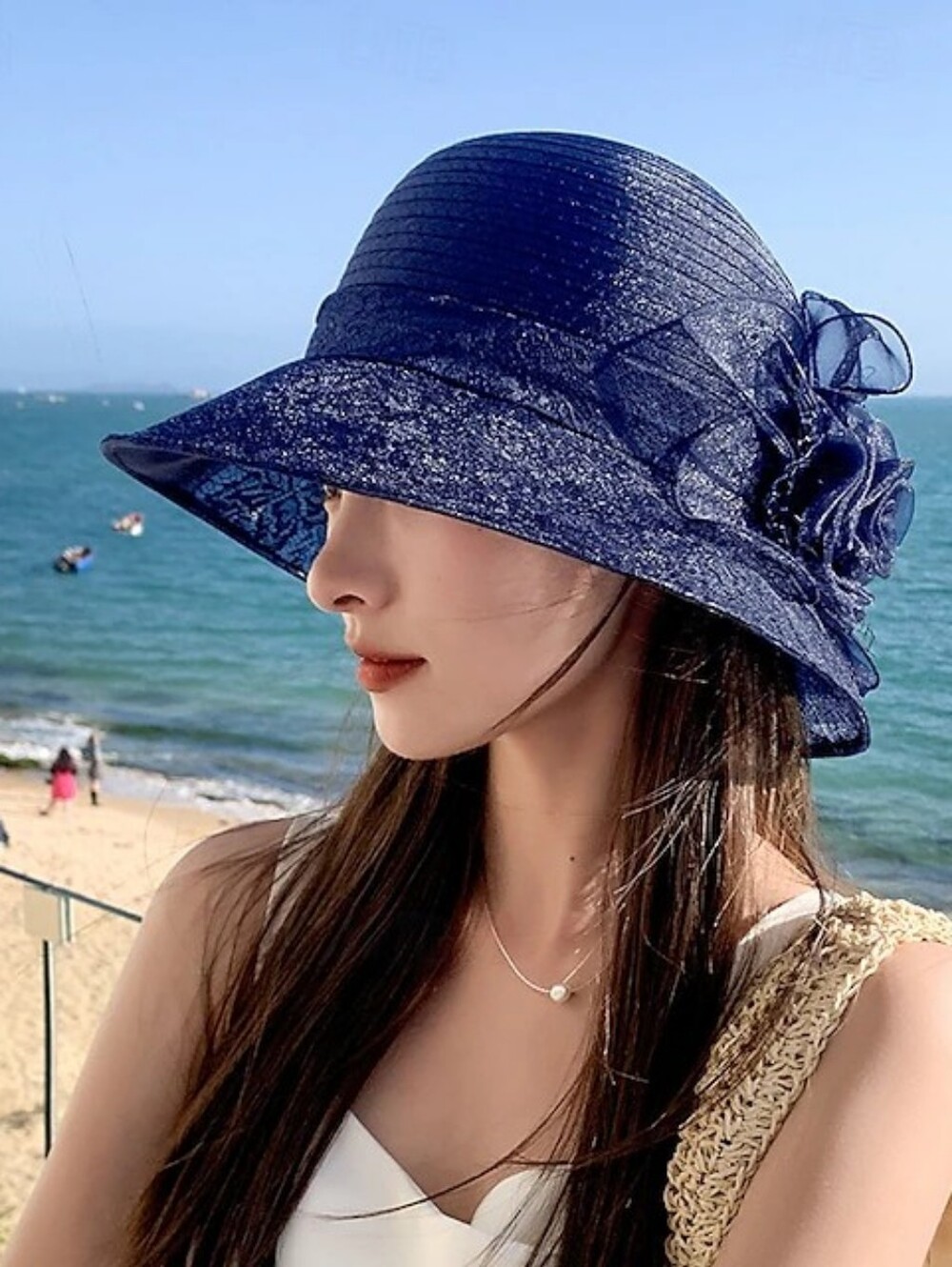 Xuan Yina Women's Navy Floral Trim Sun Hat with Bow Accent